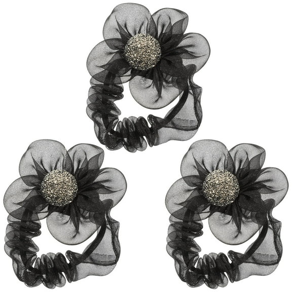 PAMINGONO 3Pcs Flower Hair Bands For Women Cooking Makeup 8x8cm Gauze Silk Flower Elastic Rubber Band Hair Tie Holder