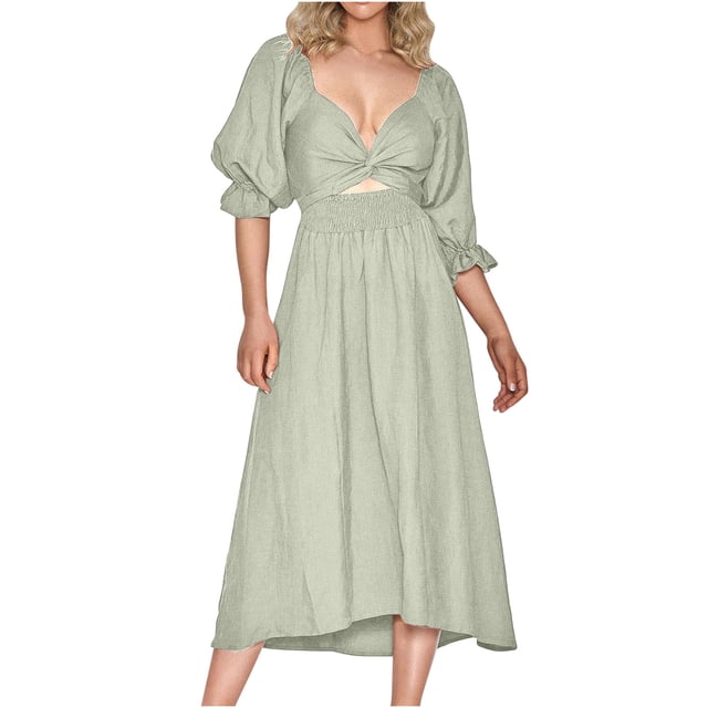 Gspmoly Robes pour Femmes, Robe Longue Décontractée d'Été à Manches Courtes et Col en V pour Femmes, Robe de Cocktail à la Mode jusqu'à 65 % de Rabais
