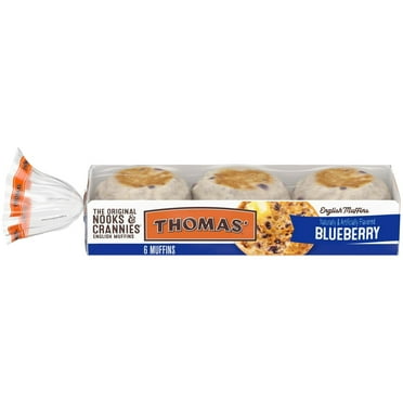 Thomas' Nooks & Crannies Blueberry English Muffins, 6 count, Soft English Muffins, 13 oz Tray -Pack of 2