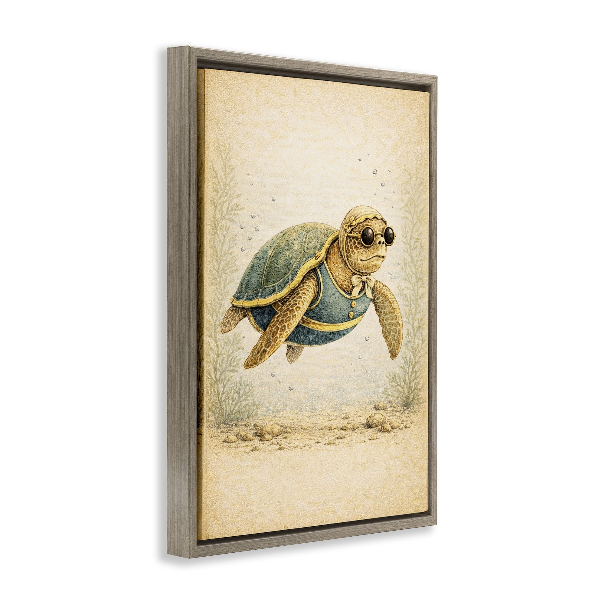 Stupell Industries Maritime Bathing Society Turtle Brown Framed Floater Canvas Wall Art, design by Grotto Studios
