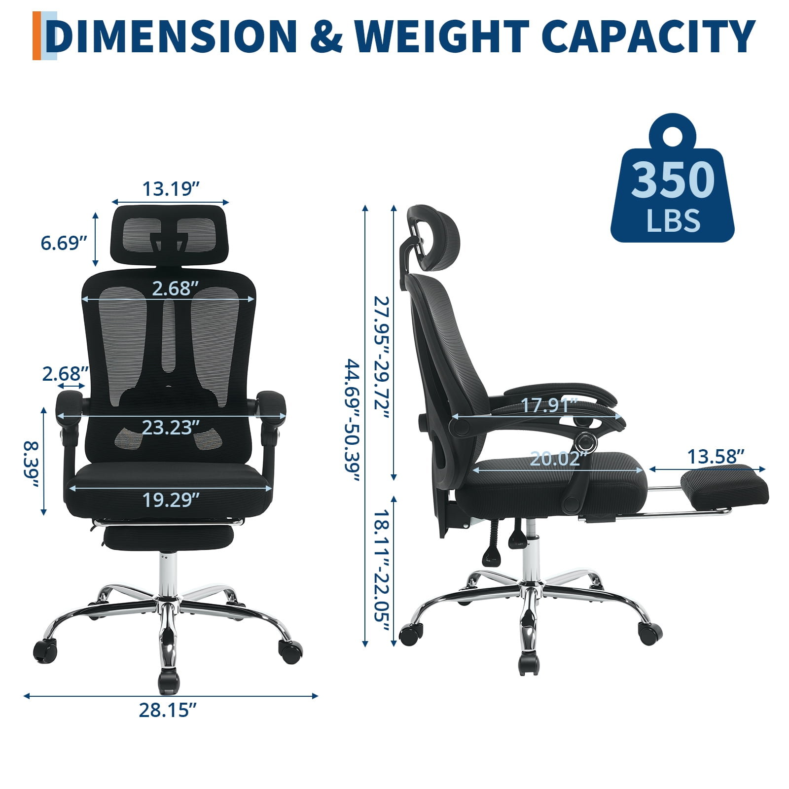 Ergonomic Office Chair with Footrest & Headrest – High Back Mesh Desk Chair, 90-140° Recline with Lock, 360° Swivel, Breathable Mesh for Home & Office – Heavy Duty for Men & Women