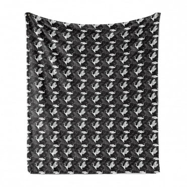 Crane Soft Flannel Fleece Throw Blanket, Monochrome Bird Pattern Silhouettes and Outlines Japanese Style, Cozy Plush for Indoor and Outdoor Use, 70" x 90", Black and White, by Ambesonne