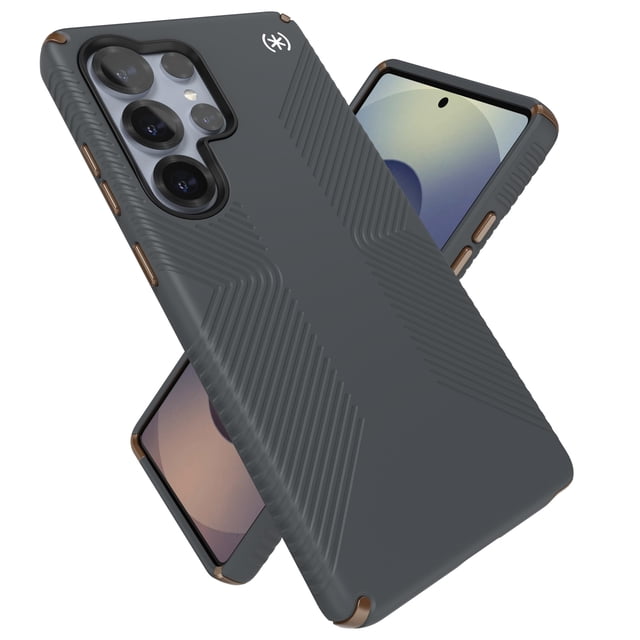 Funda Speck para Samsung Galaxy S25 Ultra con protección contra caídas de 4 m, funda magnética Magsafe gris oscuro con patrón diagonal de agarres antideslizantes, esquinas reforzadas, bisel elevado alrededor de pantalla y cámara, botones mejorados e imán integrado para alineación con cargadores y accesorios; adecuada también para sujetar carteras o baterías magnéticas en viajes.