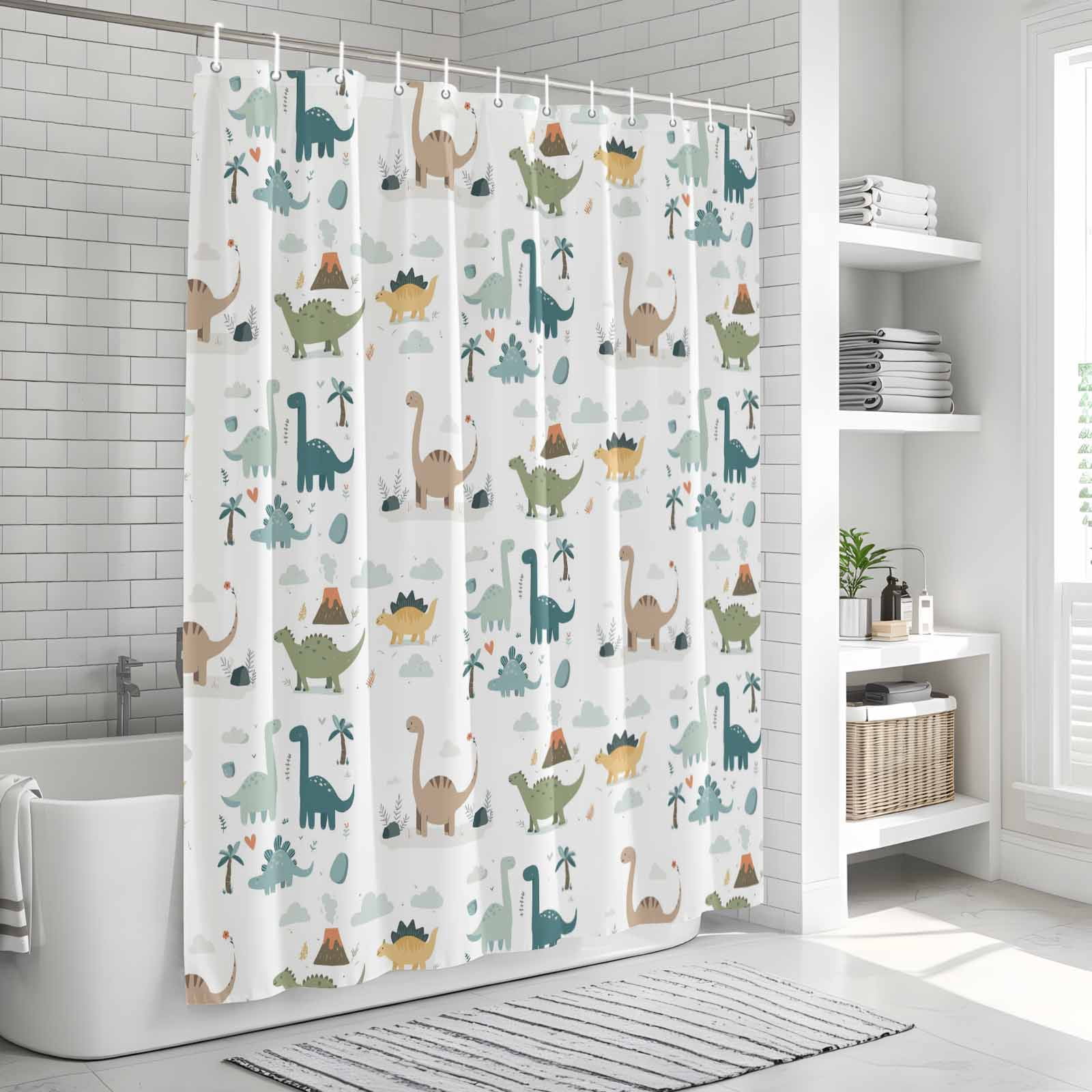 Shower Curtain Bathroom Set Cartoon Dinosaur Lovely Animals Waterproof Fabric Shower Curtains with Grommets&Hooks, Cute Cartoons Privacy Bath Curtain for Bathtub 60x72in