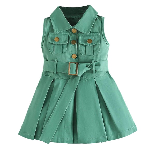 LEWKW Toddler Girls Dress Sleeveless Button Down Cargo Style with Waist Belt Lapel Collar Pleated Silhouette Preppy School Uniform Casual Playwear