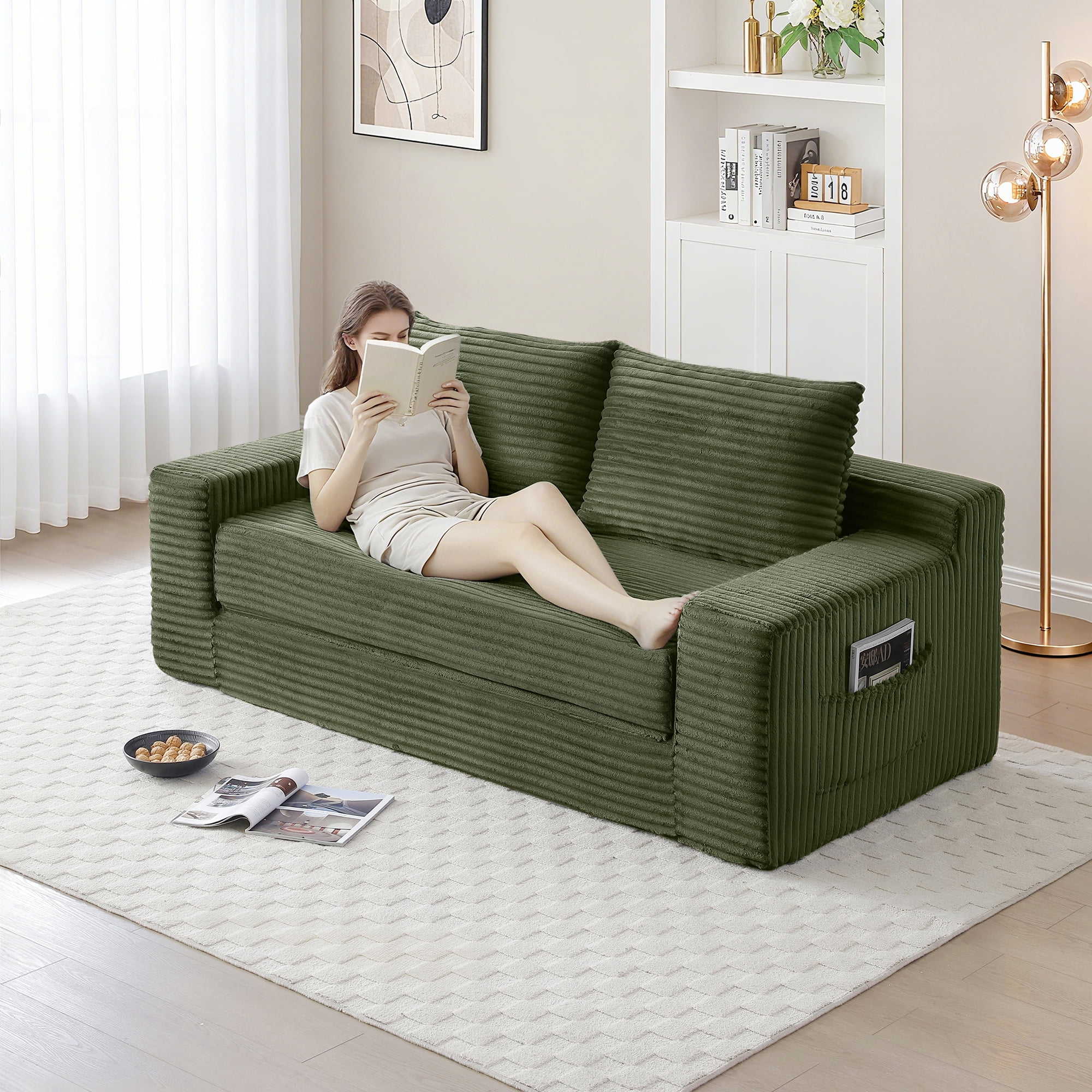 Miniyam Cloud Loveseat Sofa, 2 in 1 Convertible Folding Couch Bed, No Assembly Compressed Corduroy Floor Lounge Sofa for Apartment Office, Green