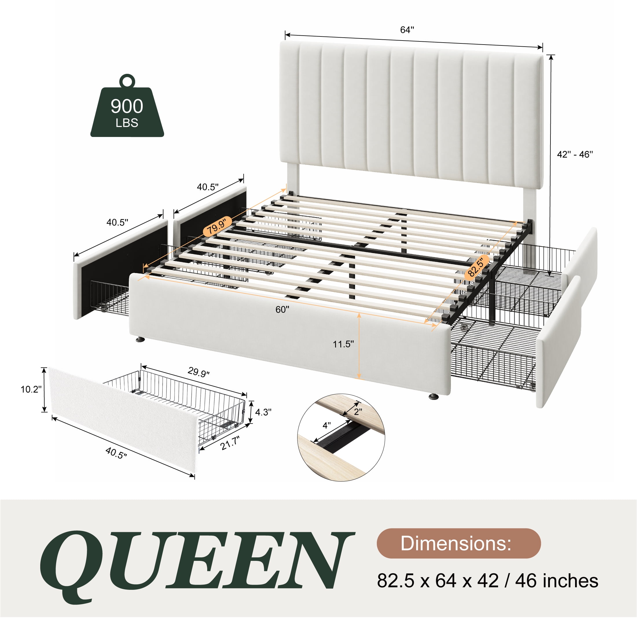 Amolife Queen Bed Frame with Adjustable Velvet-Wrapped Headboard and 4 Storage Drawers, No Box Spring Required, White
