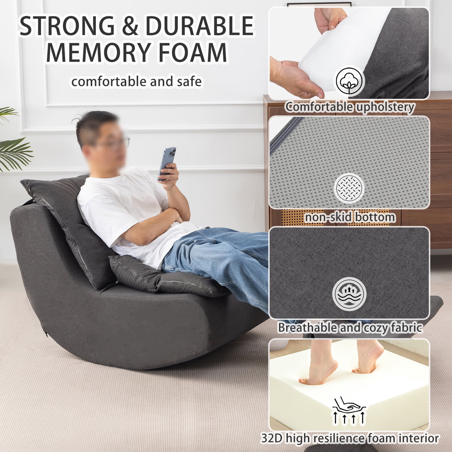 Cynefin Rocking Chair Nursery Glider, Boneless Chair, Convertible Upholstered Memory Foam Compressible Sitting Lounge Chair, Fireside Chair for Reading Relaxing in Livingroom Bedroom