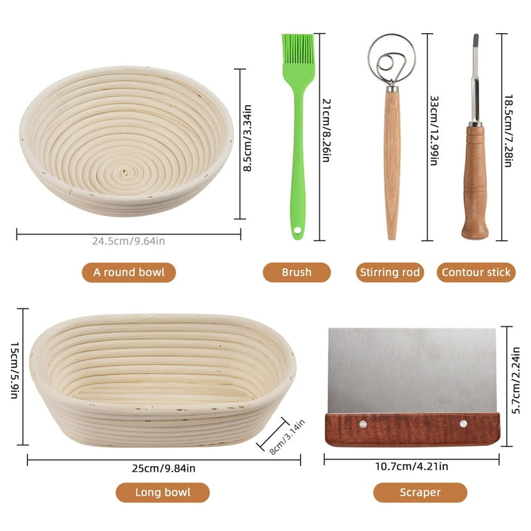 Sourdough Proofing Basket Set Of 2 - 9" Round & 10" Oval Rattan Bannetons With Linen Liners & Baking Tools
