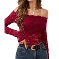 thumbnail image 2 of Women Lace Trim Off Shouder Top Long Sleeve Double Lined Y2k Trendy T Shirts Wine Red XXL, 2 of 7