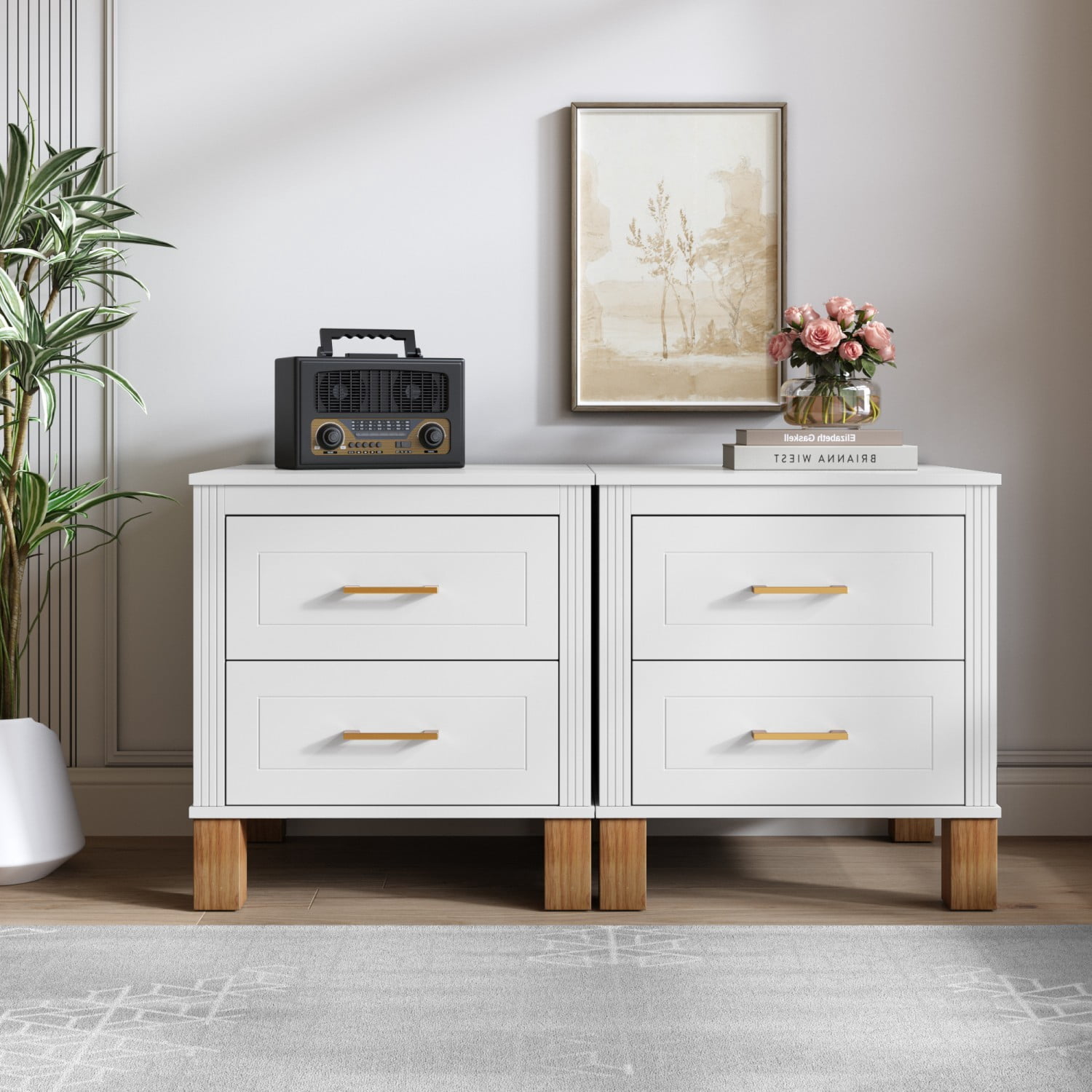 2 Drawer Nightstand with Solid Wood Legs, Fluted Bedside Table with Metal Handles, Tall Wood End Table Storage Cabinet for Bedroom, Living Room, White