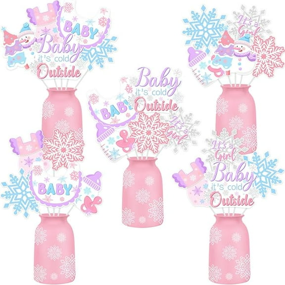 24 Pieces Winter Baby It’s Cold Outside Centerpieces Sticks Baby Shower Decorations for Girl, Pink Purple Blue Little Snowflake It’s A Girl Table Toppers Decors Gender Reveal Party Supply
