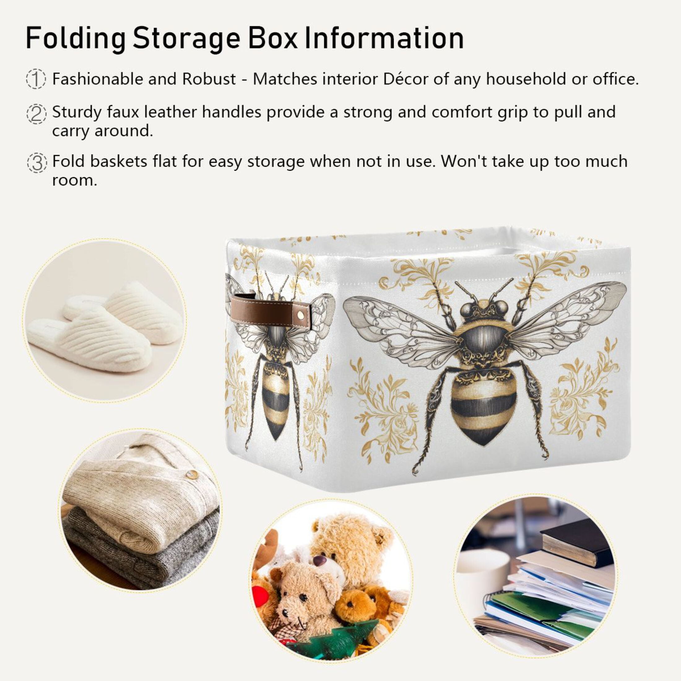 Bee with Ornate Patterns Foldable Storage Basket,Canvas Fabric Foldable Storage Bins with Handles Open Home Storage Bins Boxes for Toy Book Shelf Closet Baskets