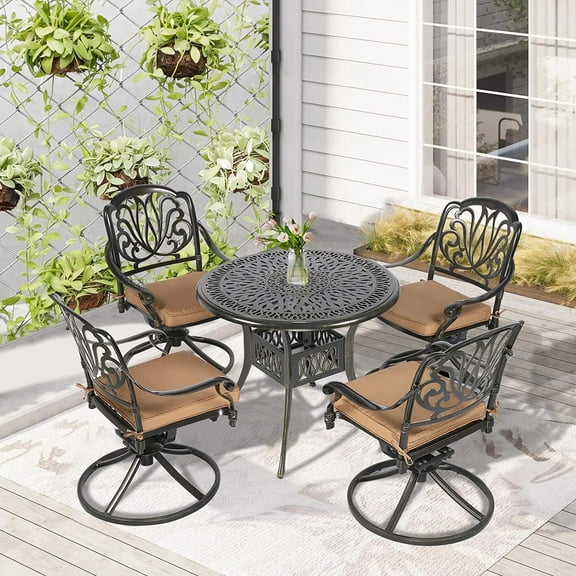 W WARMHOL 5 Piece Patio Dining Set, Outdoor Table and Chairs Set for 4 Cushioned Swivel Rocking Chairs and 35.2" Round Table, All-Weather Cast Aluminum Patio Funiture Set, 2" Umbrella Hole