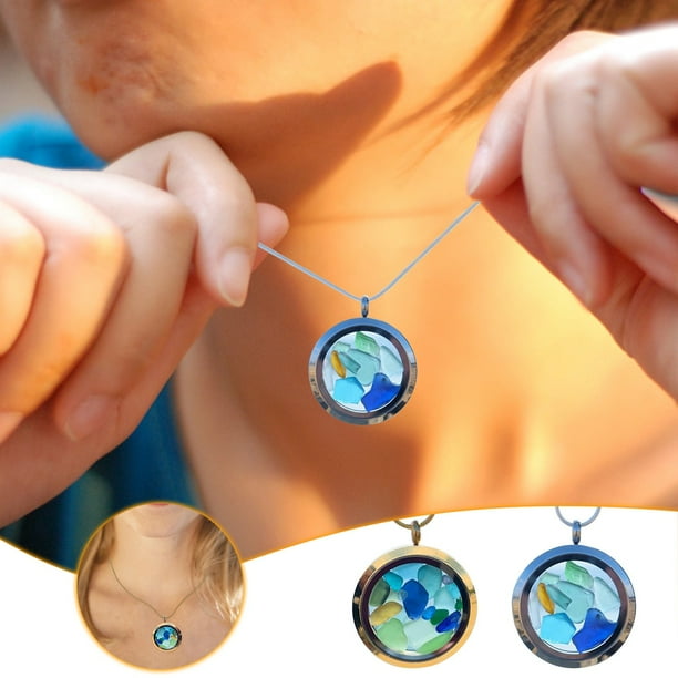 Fiudx Collar de Vidrio Marino, Medallón Redondo de Vidrio Que Se Abre, Vidrio Marino Auténtico de Eslovenia, Joyería de Inspiración Playera, Elegante Regalo de Cumpleaños para Mujer, Cadena de 50 Cm,