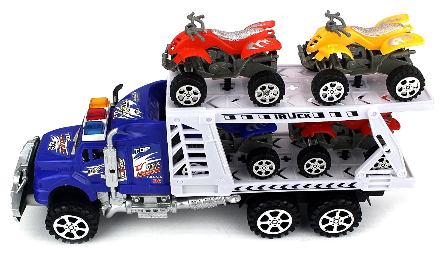 No Batteries Required Colors May Vary ATV Transporter Trailer Childrens Friction Toy Truck Ready to Run w/ 4 Toy ATVs 