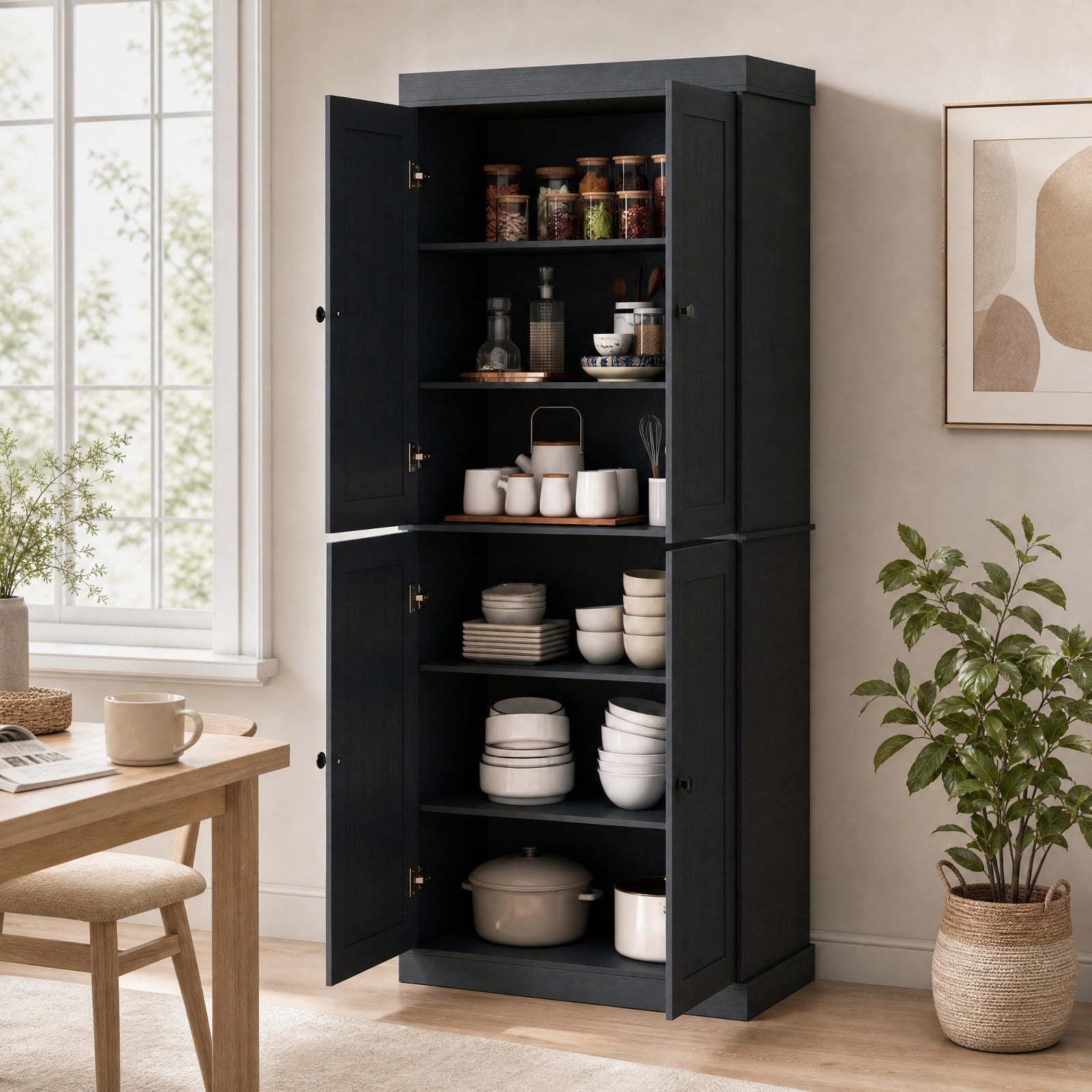 Furnibear 72.5 Inch Tall Kitchen Pantry Cabinet with 2 Adjustable Shelves Enclosed Doors and Anti Tipping Kits for Kitchen and Dining Room, Black