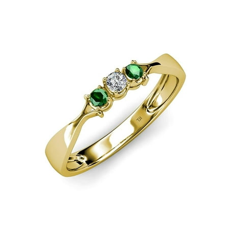 

Emerald and Diamond (SI2-I1 G-H) Three Stone Ring 0.16 ct tw in 14K Yellow Gold.size 6.5