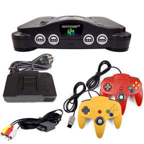 Restored Nintendo 64 N64 Game System with 2 Pack Retrofam N64 Controller Yellow & Red (Refurbished)