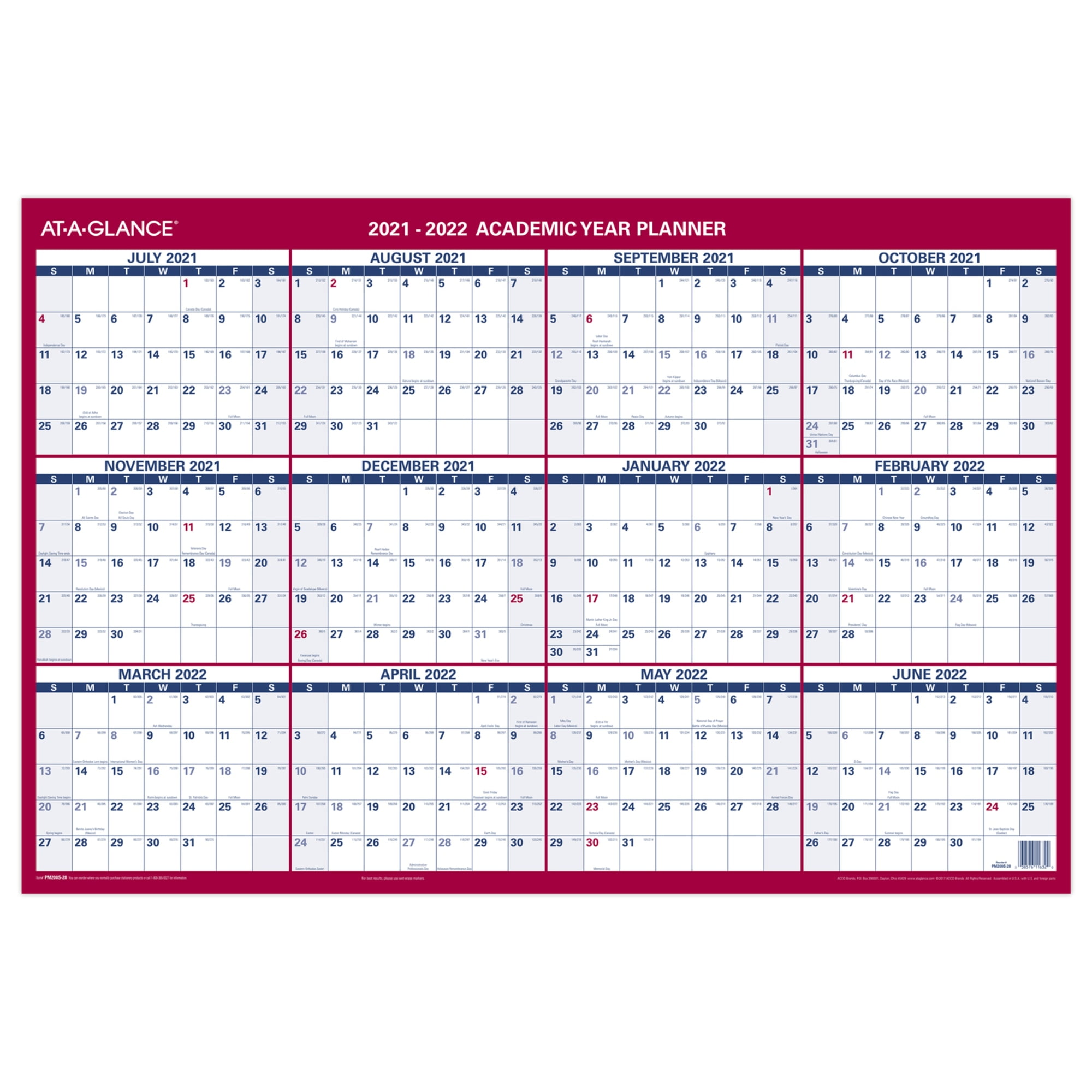 AT-A-GLANCE Horizontal Reversible Erasable Academic, Regular-Year Wall Calendar, 36' x 24', PM200S28