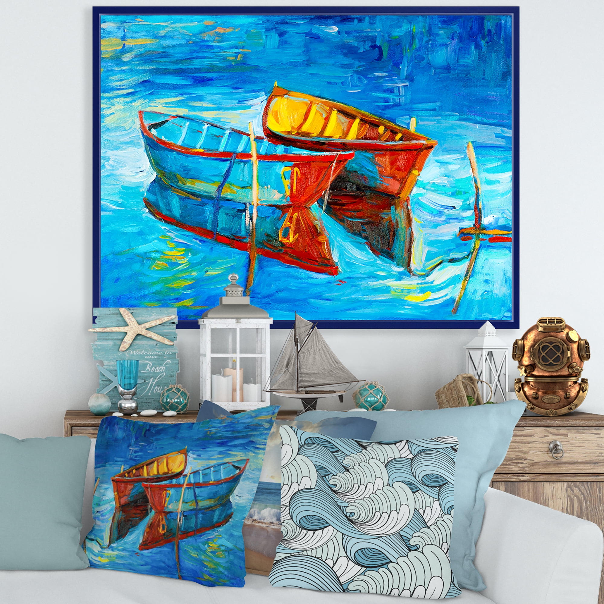 Boat At The Lake During Evening Glow III 32 in x 16 in Framed Painting Canvas Art Print, by Designart