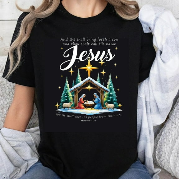 100% Cotton Christmas Nativity Scene Jesus Christ Birth Bible Verse Matthew 1 21 Women's T-Shirt Holiday Christian Gift Top
