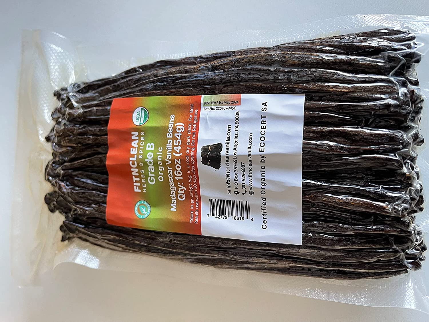 1 Lb Organic Madagascar Vanilla Beans Grade B. Certified USDA Organic. 5"-8" by FITNCLEAN VANILLA. 16 oz Whole NON-GMO Bourbon Pods