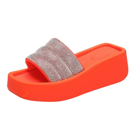 OJSFQUFP Sandals for Women Summer New Fashionable Beach Shoes Slotted Heels Water Diamond Square Head Matsuke Thick Sole Slippers Woman Slippers Orange 40