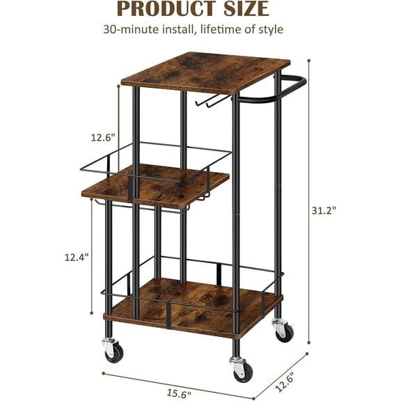 Bar Cart for The Home Small Bar Serving Carts with Wheels 3 Tier Rolling Wine Cart with Glass Holder  Mobile Drink Beverage Liquor Cart for Kitchen, Dining Room, Living Room, Rustic Brown