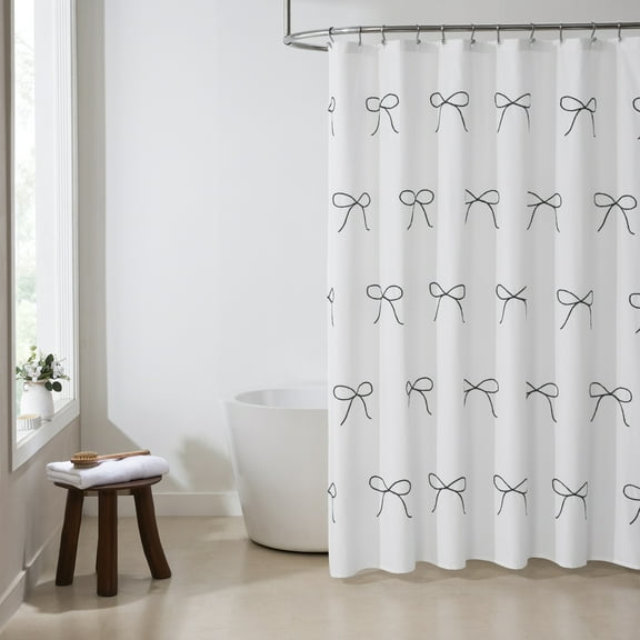 My Texas House White/Black Embroidered Holiday Farmhouse Bow Cotton Shower Curtain, 72" x 72"