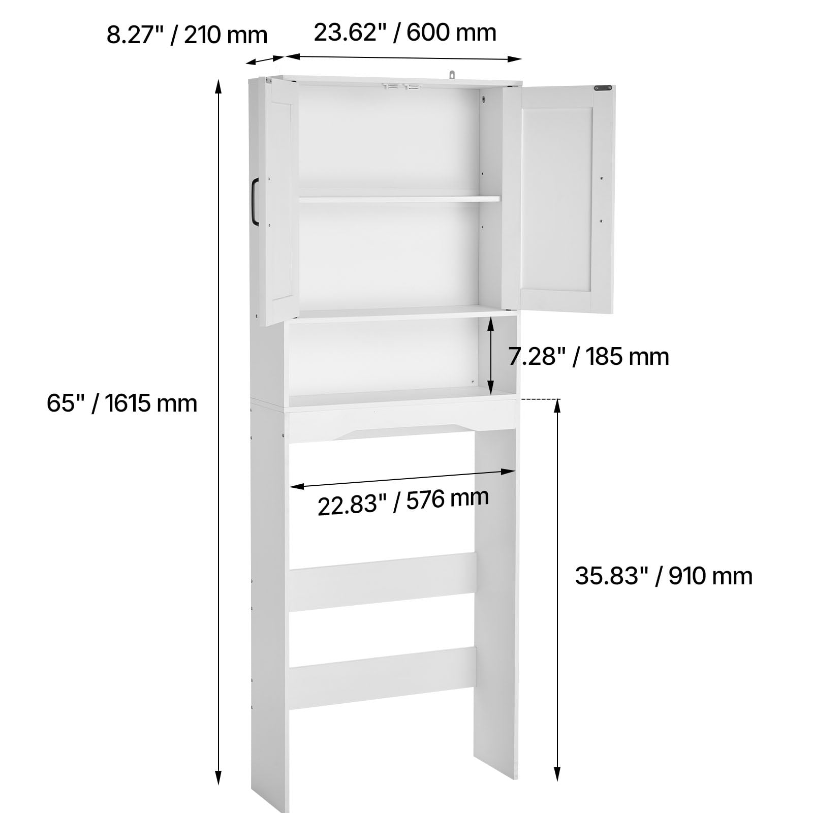 KFFKFF Over-The-Toilet Storage Cabinet, 65-Inch Tall Bathroom Organizer with Adjustable Shelf and Double Doors, Space-Saving Bathroom Storage Unit with Open Shelf, White
