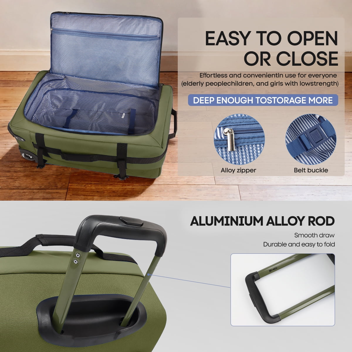 3 Piece Softside Luggage Set, Expandable Suitcases with Wheels, Heavy-Duty Waterproof Travel Bags, 20/26/30 in, Army Green - TA069
