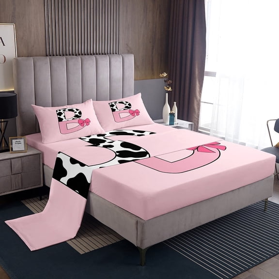 Erosebridal Letter Initial A Sheet Set Twin,Kawaii Bow Bedding Sets Twin Size,Super Cozy Bed Sheets Twin,Cow Print Decor,3pcs