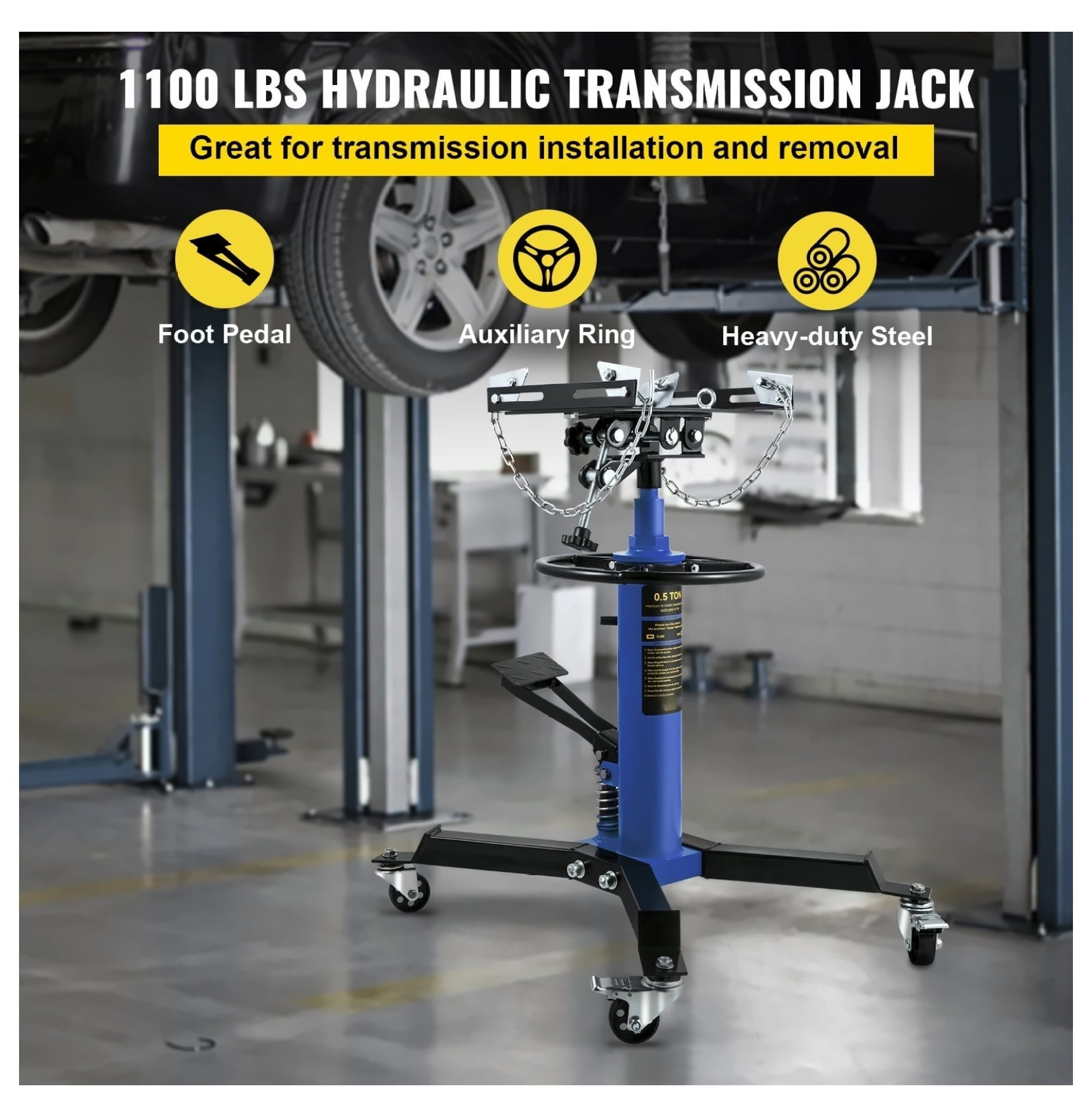 Transmission Jack 1100 Lbs, 33-67" High Lift Telescoping Hydraulic Jack, 1/2 Ton Shop Floor Jack with Pedal & Swivel Wheels for Garage Automotive