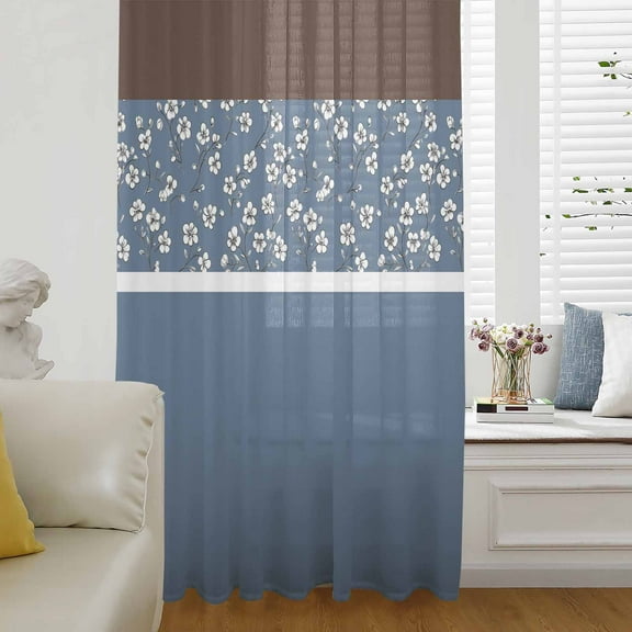 Blue Brown Flowers Semi Sheer Curtains Drapes for Living Room, Bedroom, French Doors Window 84 Inches Long, Classic Botanical Art Elegant Rod Pocket Chiffon Curtain Drapery Voile Draperies Panel