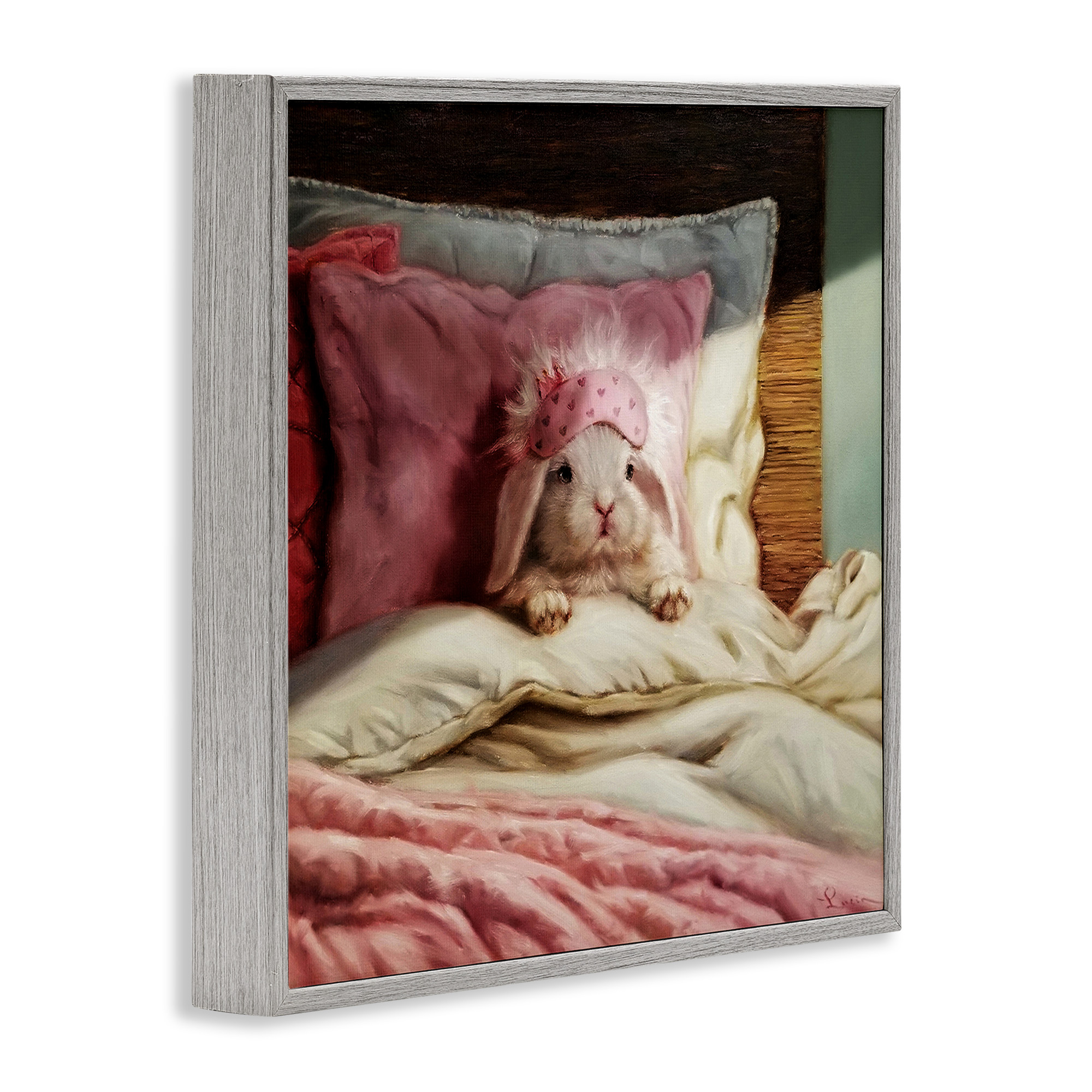 Stupell Industries Bunny Resting in Bed Animals & Insects Painting Gray Framed Art Print Wall Art, 17 x 17