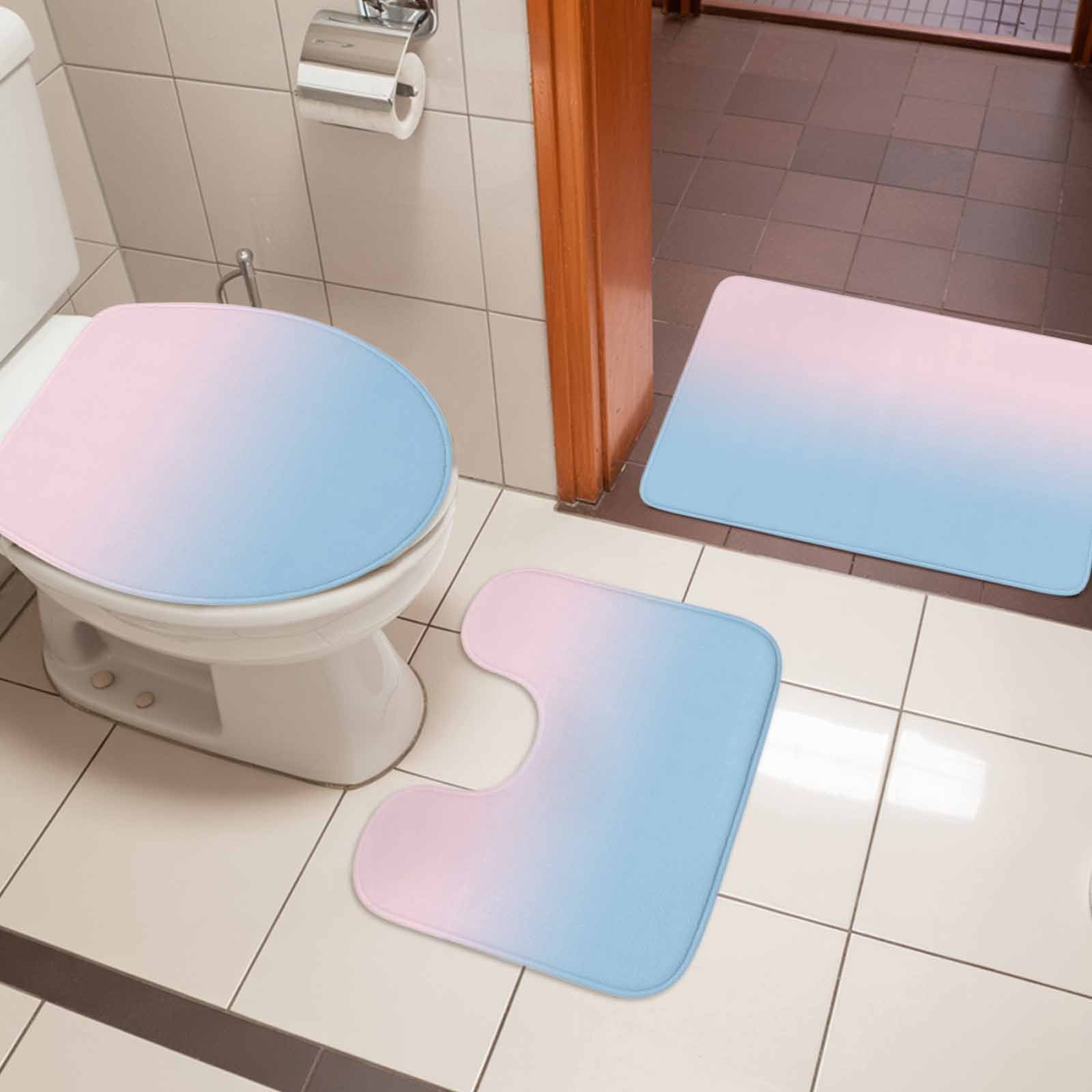Pink Blue Ombre Bath Mat 3 Piece Bathroom Rug Set, Pink Gradient Color Modern Abstract Art Non Slip Bath Rug Contour Mat and Toilet Lid Cover, Absorbent Shower Mats Soft Bath Rugs and Mats Sets