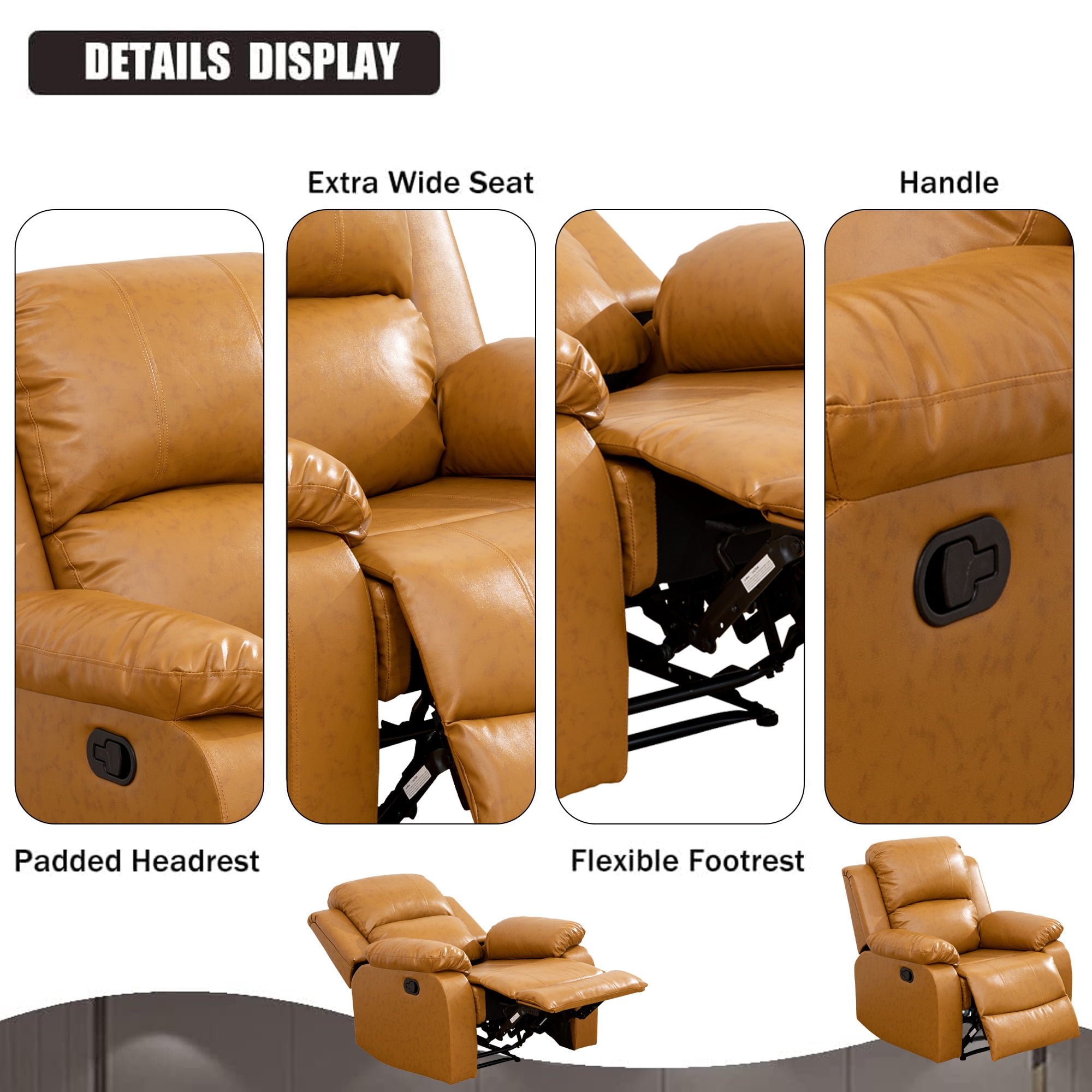 Aukfa Faux Leather Manual Recliner Chair Single Sofa Armchair for Living Room, Bedroom, Ginger