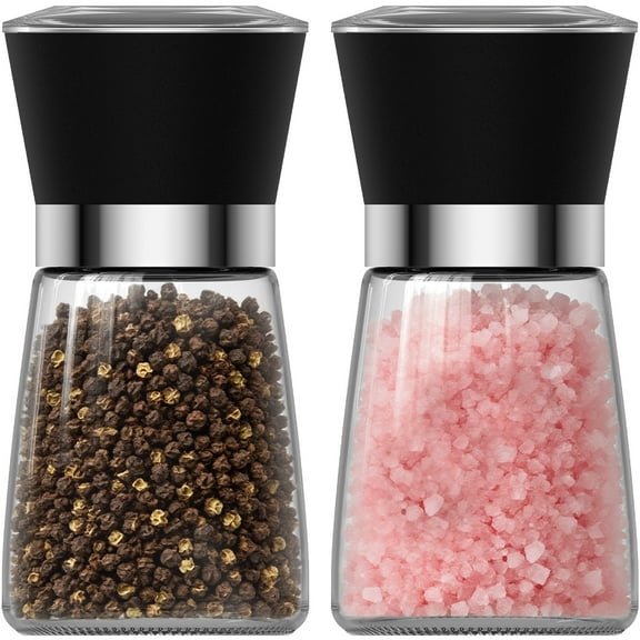 Salt and Pepper Grinder Set,Pepper Mill & Salt Mill with Adjustable Coarseness,Refillable Pepper Mill Set Short Glass Shakers with Adjustable Coarseness for Peppercorn,Sea Salt or Spice Mills,Black