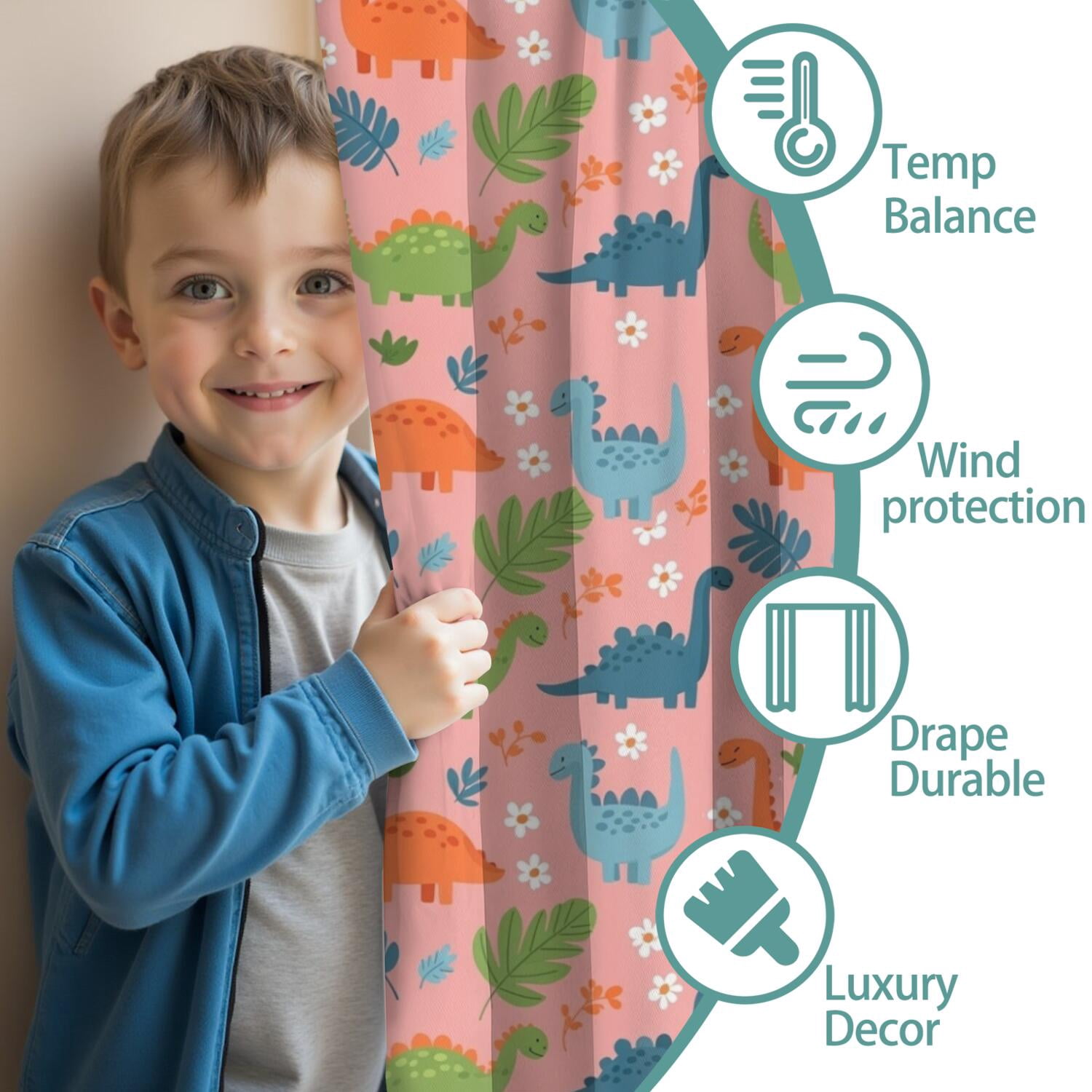 Blackout Kids Curtains,Pink Dinosaur Floral Pattern Childrens Insulated Curtains Set Of 2,Bedroom Essentials,Toddler Room Decor 42"x63"