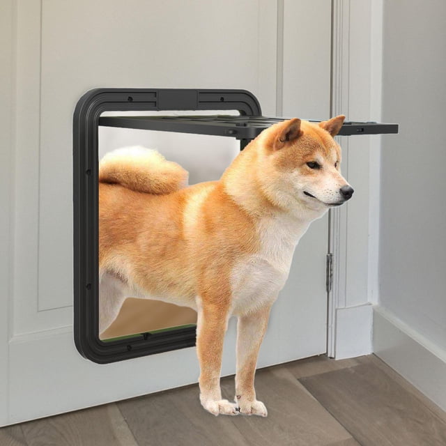 Puerta con mosquitera para mascotas, puerta para gatos, ventana, perrito con tornillos, cerradura de 2 vías, fácil instalación, puerta con solapa Negro