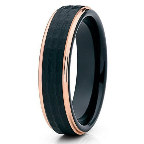 Silly Kings 6mm Rose Gold Tungsten Carbide Wedding Ring Black Hammered Finish Unique Edge Unisex Comfort Fit Band
