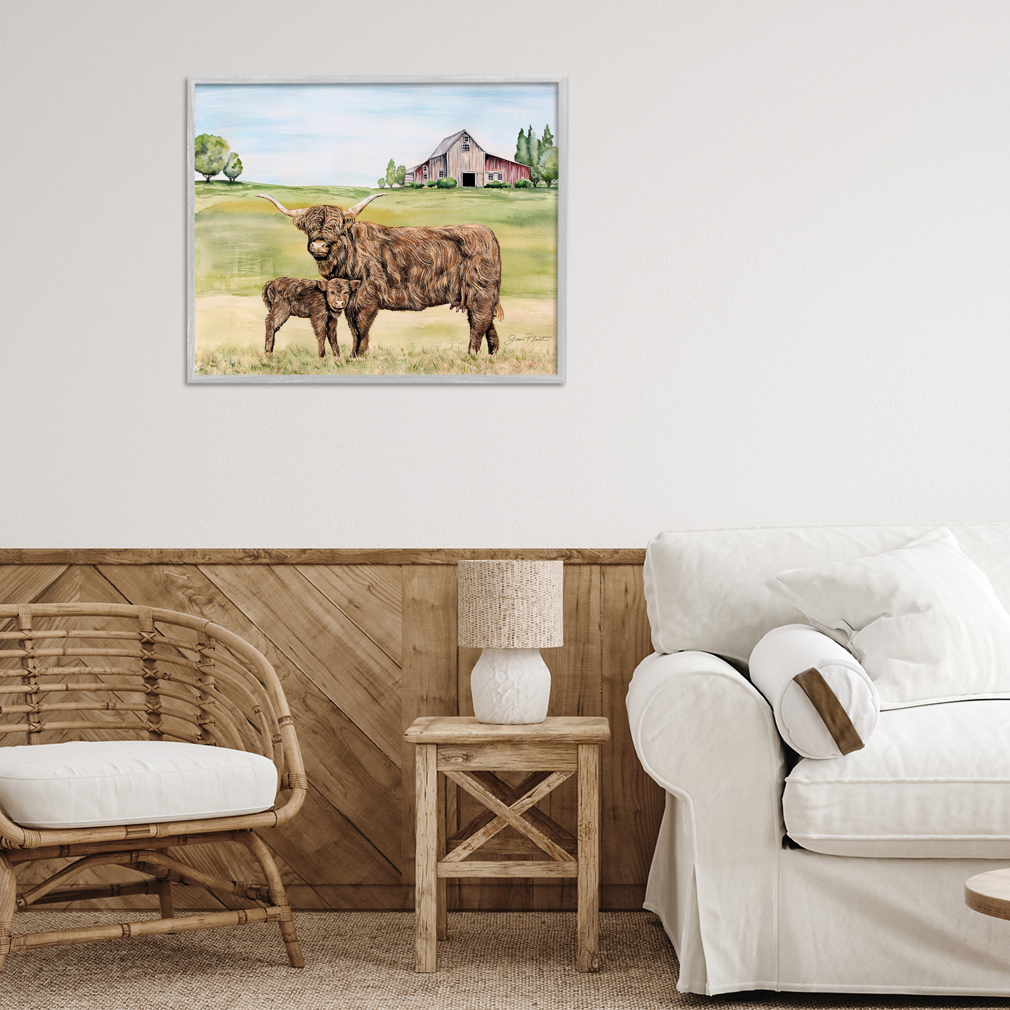 Highland Cow And Calf Gray Framed Giclee Art, design by Jean Plout