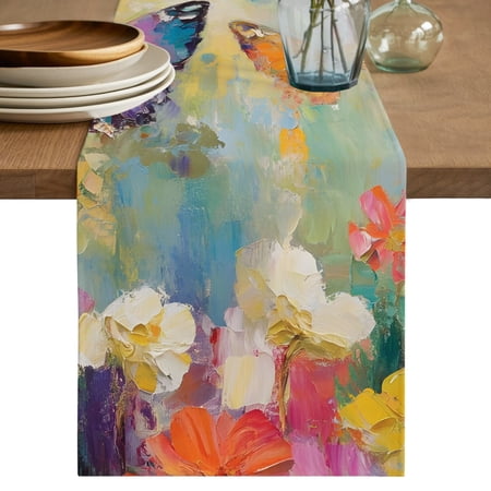 Spring Butterflies Flower Table Runner Rustic Boho Green Orange Floral Bloom Cotton Linen Table Cloth Tablerunner for Kitchen Dining Party Wedding Home Decor 13x60 Inch