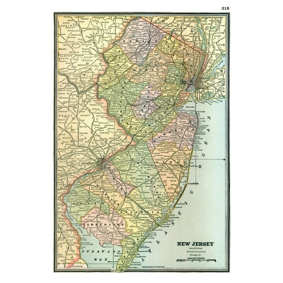 Historic State Map - New Jersey - Johnson 1888 - Vintage Wall Art