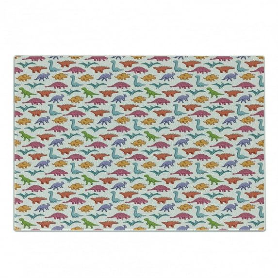 Dinosaur Cutting Board, Variety of Dinosaurs in Colorful Cartoon Style Archeology Pattern Summer, Decorative Tempered Glass Cutting and Serving Board, Small Size, Multicolor, by Ambesonne