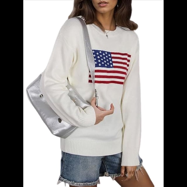 Suéter Informal Holgado de Larga con Cuello Redondo y Estampado de Bandera para Mujer. XXL