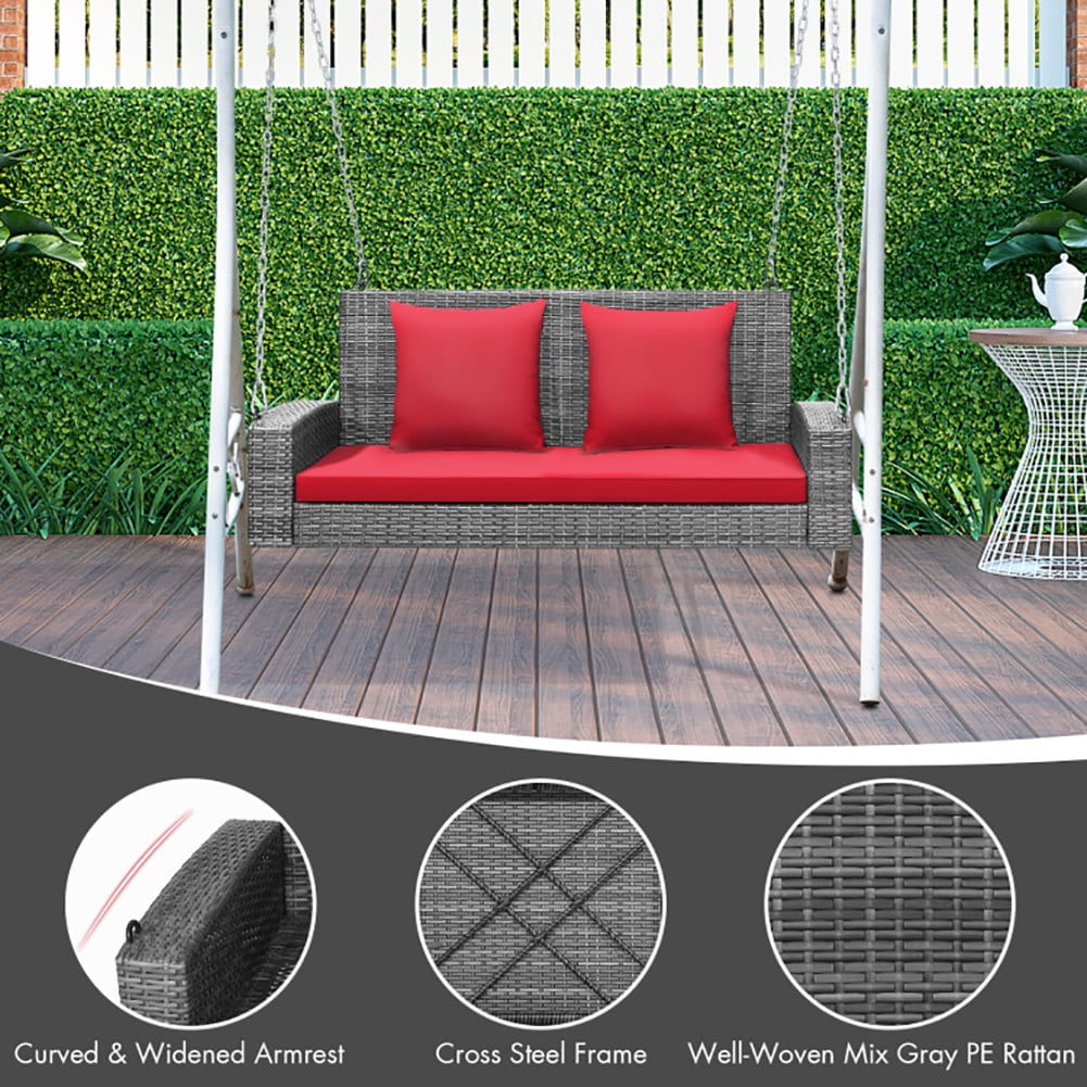 Aimee Lii 2-Person Patio PE Wicker Hanging Porch Swing Bench Chair Cushion 800 Pounds, Outdoor Patio Furniture, Red