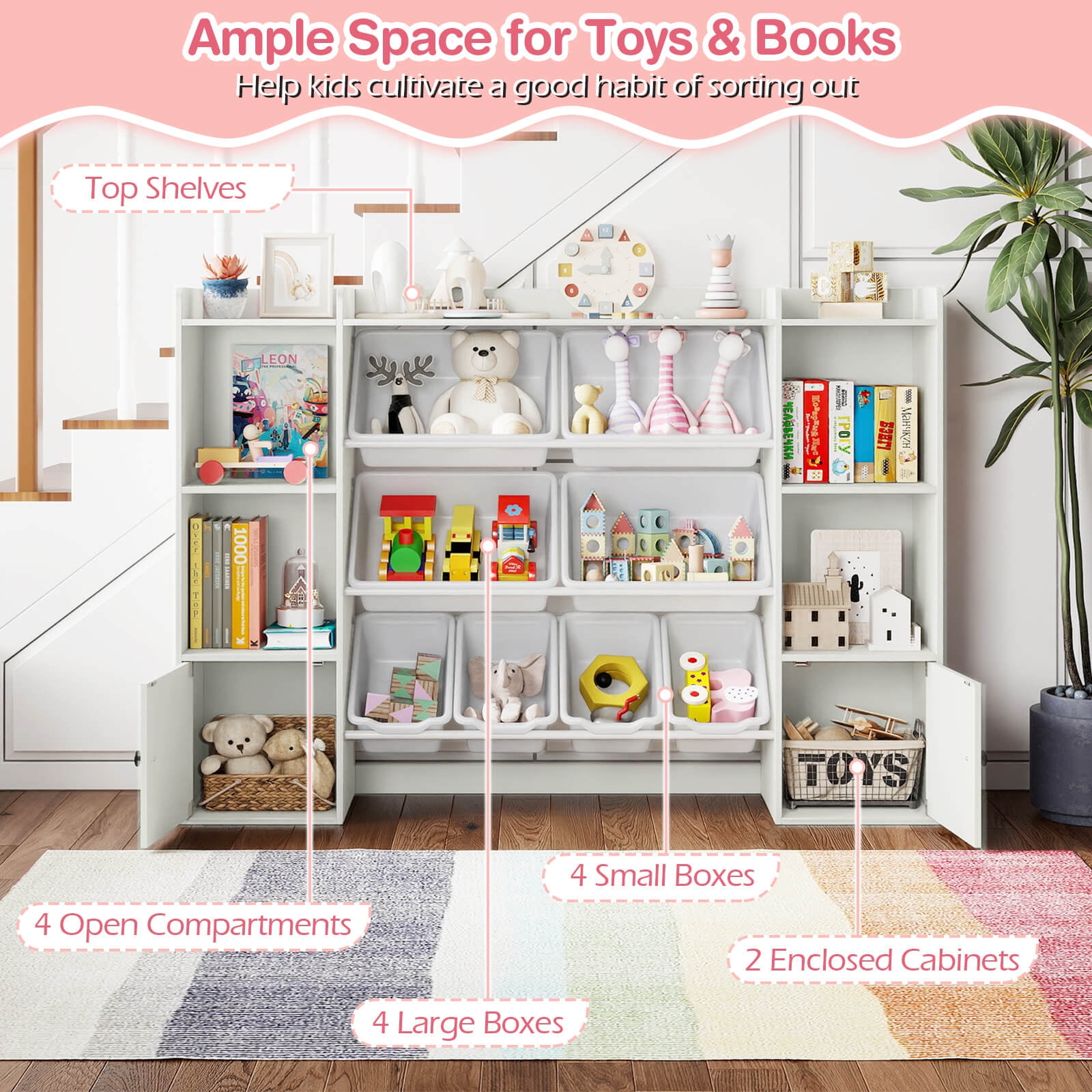 Costway Kids Toy Storage and Bookshelf with 8 Boxes Open Shelves & 2 Single-door Cabinets White