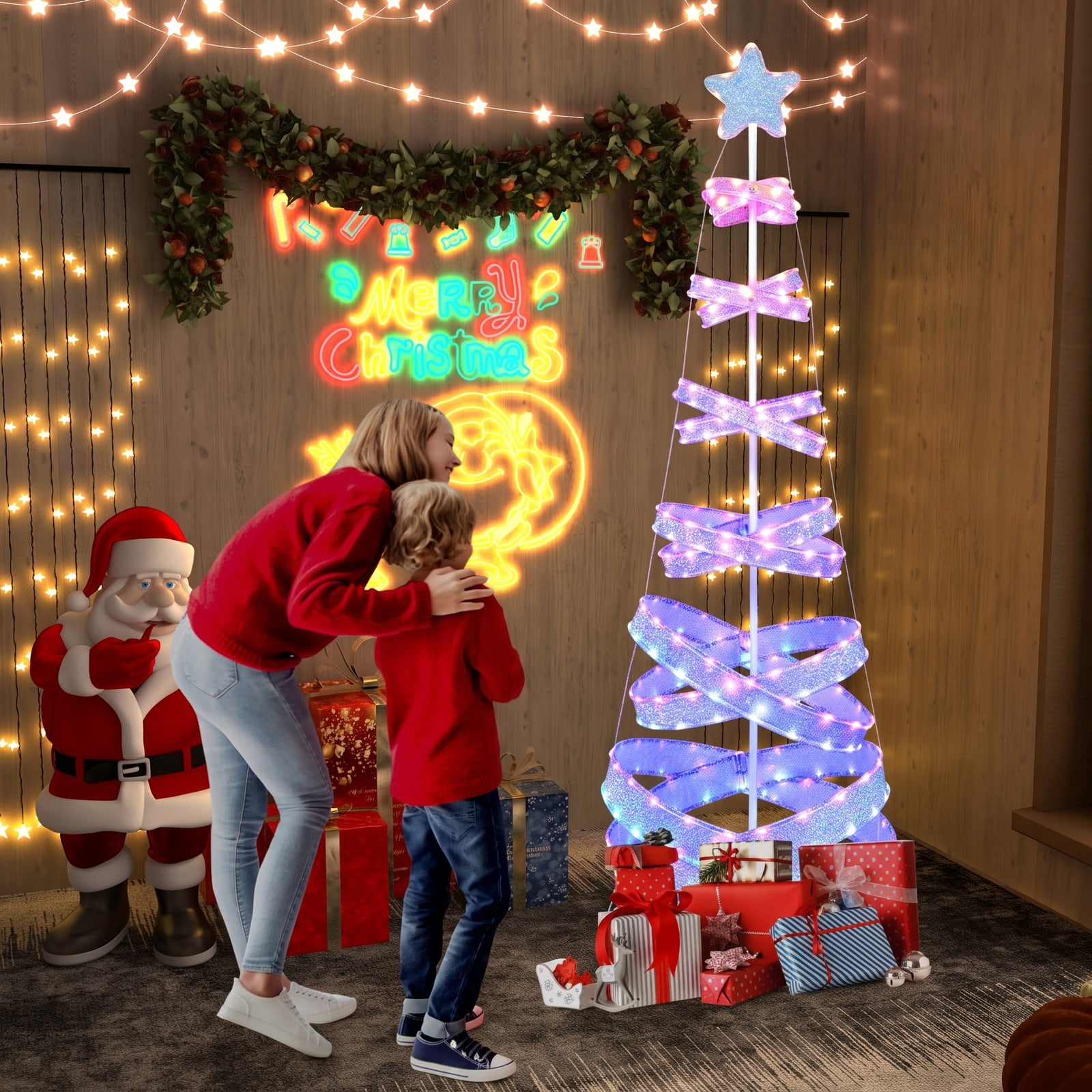 RUIE 7 FT Outdoor Spiral Christmas Tree with 341 LED Lights, 34 Lighting Modes Collapsible Metal Xmas Tree for Yard Party Holiday Decoration, White